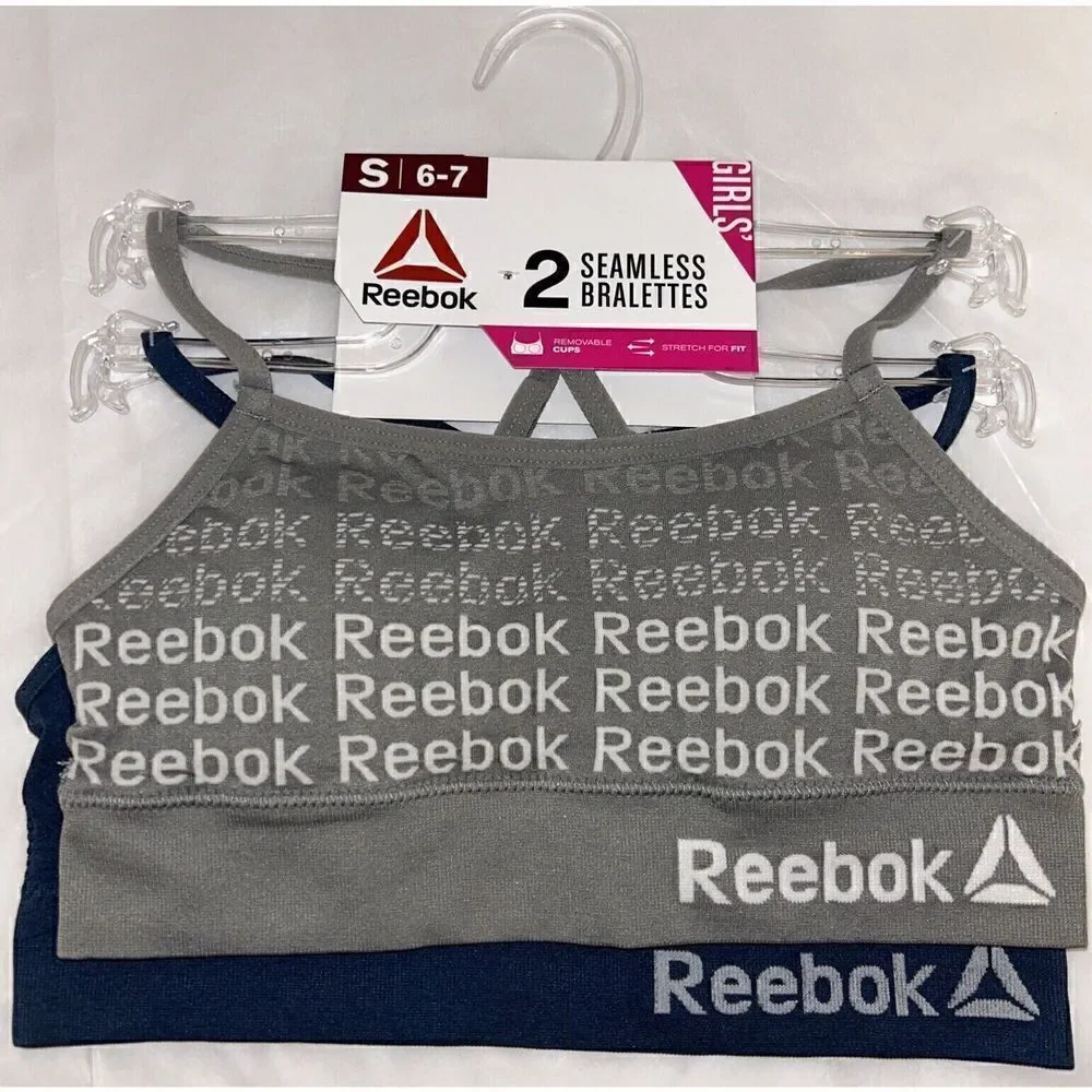 Reebok Girl's Seamless Bralettes Gray & Blue Small 6-7 Pack of 2 Lightly Padded